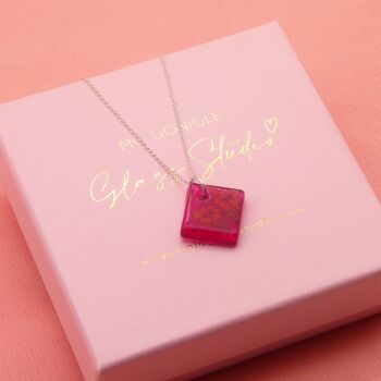 Raspberry pink glass tile necklace