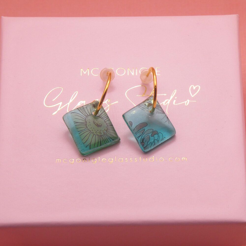 Teal tile hoop earrings-Gold