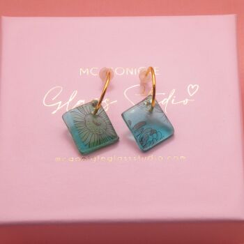 Teal tile hoop earrings-Gold