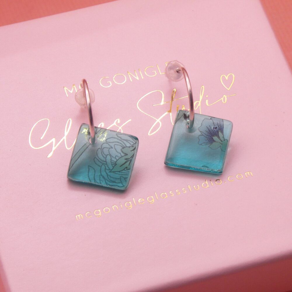 Teal tile hoop earrings-Silver