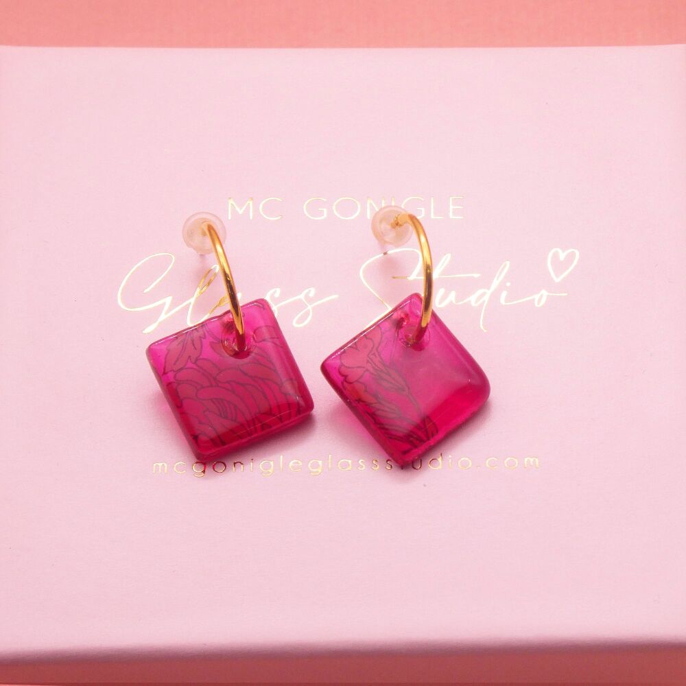 Raspberry pink tile hoop earrings-Gold/Silver
