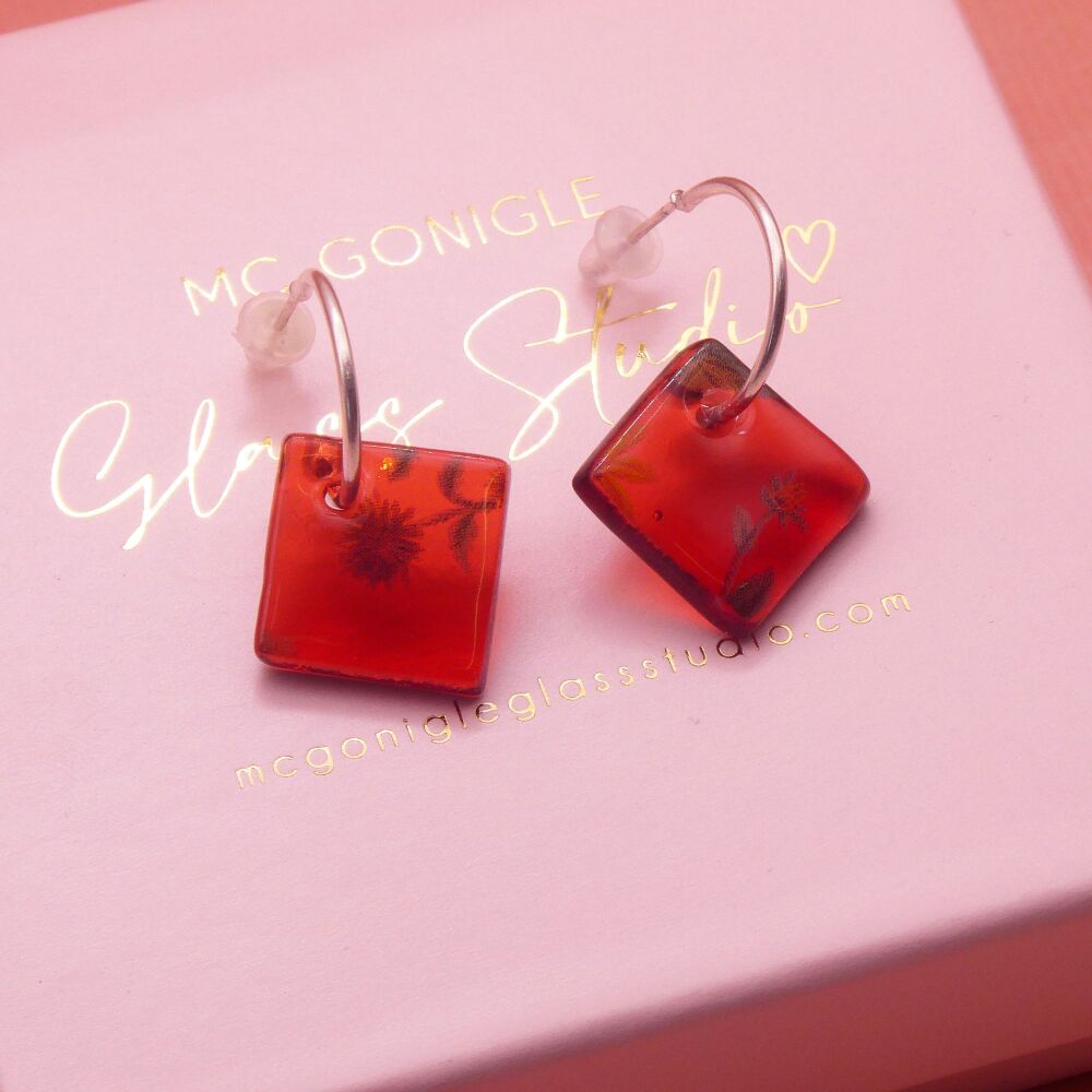Rust Orange tile hoop earrings-Gold/Silver