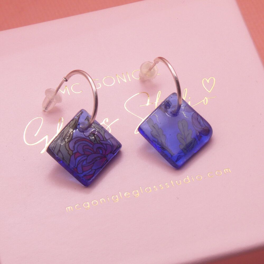 Blue tile hoop earrings-Silver