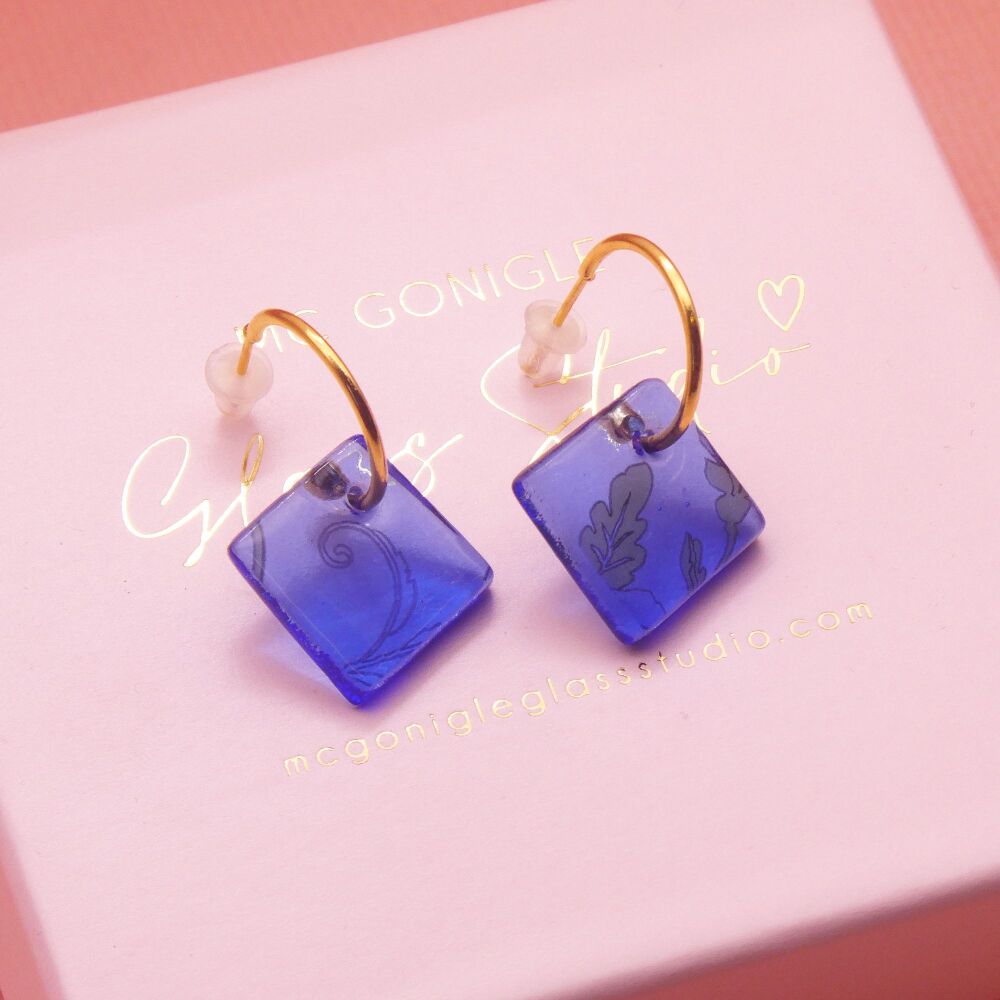 Blue tile hoop earrings-Gold