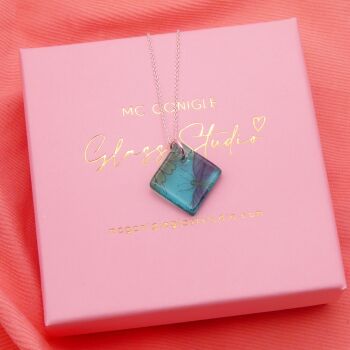 Teal glass tile necklace