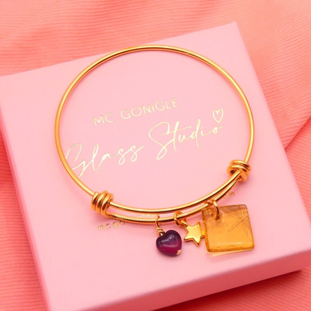 Light amber Glass Tile On a 14K Gold Plated Bangle