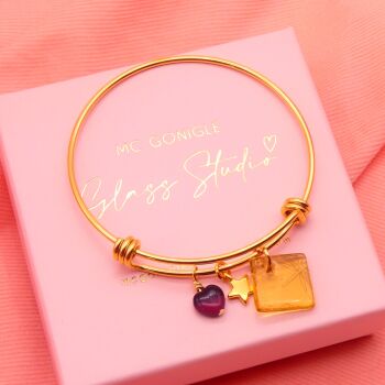 Light amber Glass Tile  On a 14K Gold Plated Bangle-Dragonfly
