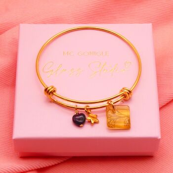 Light amber Glass Tile  On a 14K Gold Plated Bangle- folliage