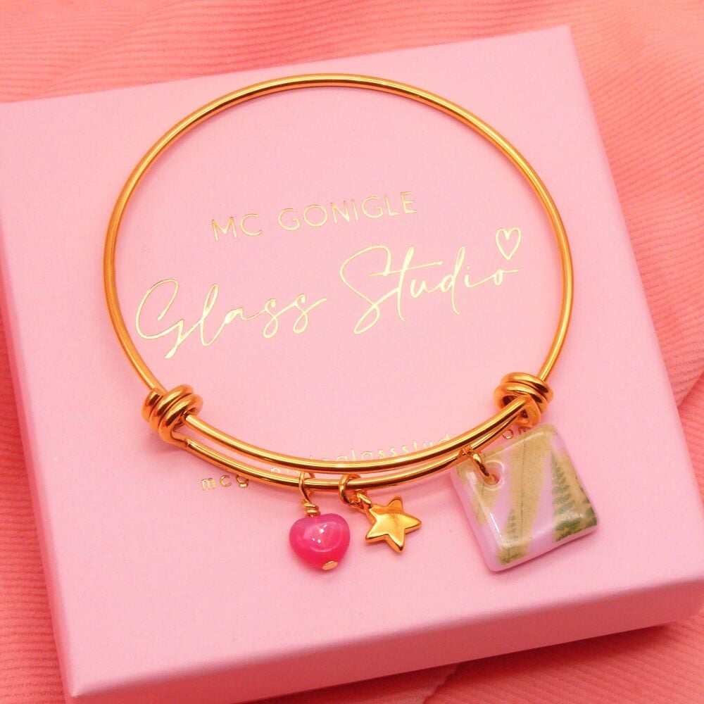 Pink fern Glass Tile On a 14K Gold Plated Bangle