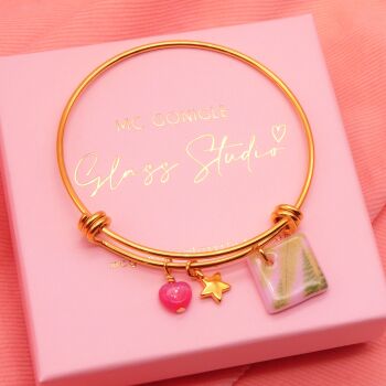 Pink fern Glass Tile  On a 14K Gold Plated Bangle