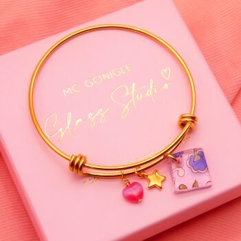 Pink paisley Glass Tile  On a 14K Gold Plated Bangle