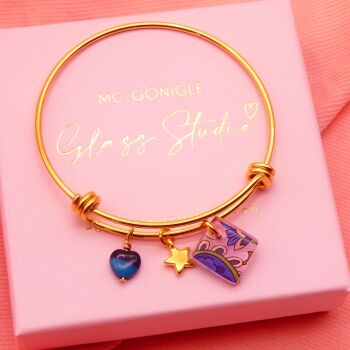 Pink paisley Glass Tile  On a 14K Gold Plated Bangle #2