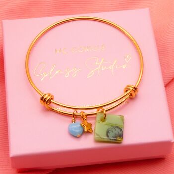 Green Flower Glass Tile  On a 14K Gold Plated Bangle