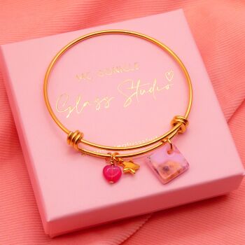 Pink rabbit Glass Tile  On a 14K Gold Plated Bangle