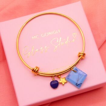 Light Blue Flower Glass Tile  On a 14K Gold Plated Bangle