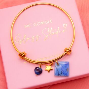 Light Blue Flower Glass Tile  On a 14K Gold Plated Bangle #2