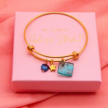 Turquoise Flower Glass Tile  On a 14K Gold Plated Bangle