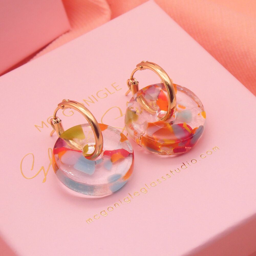Speckled Glass donut earrings on Gold Filled/ Silver hoops
