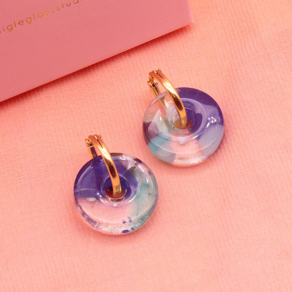 Blue Glass donut earrings on Gold Filled/ Silver hoops