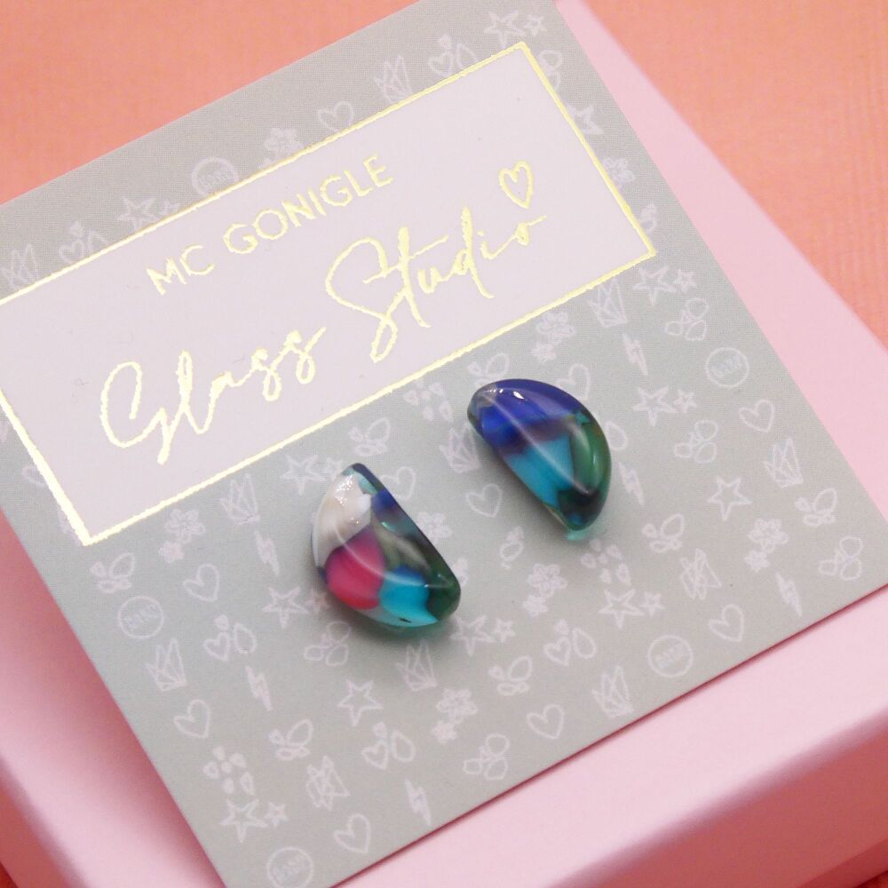 Multicoloured half moon studs- Teal