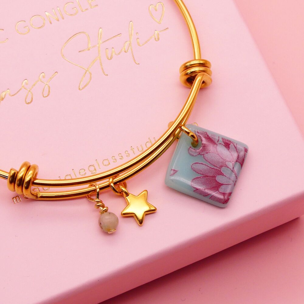 Robins egg bLue Glass Tile  On a 14K Gold Plated Bangle