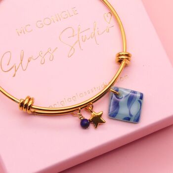 Turquoise and bLue Glass Tile  On a 14K Gold Plated Bangle