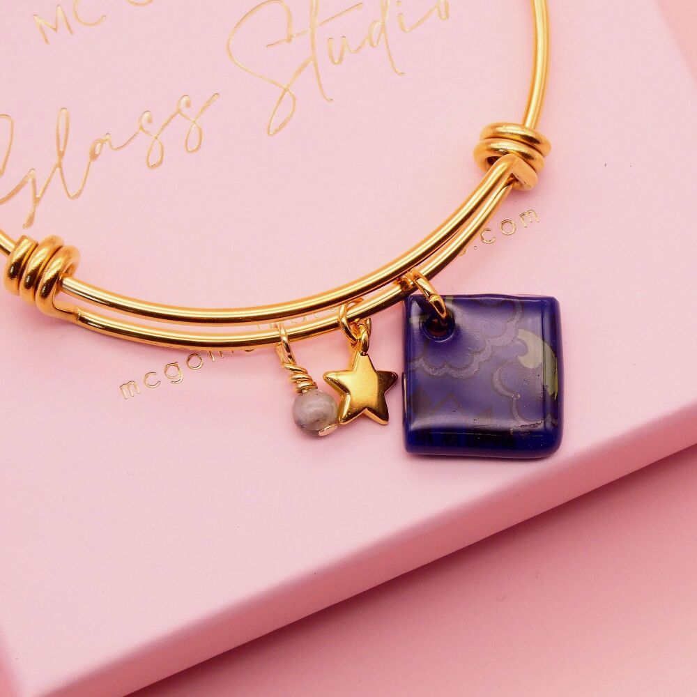 Navy Glass Tile  On a 14K Gold Plated Bangle