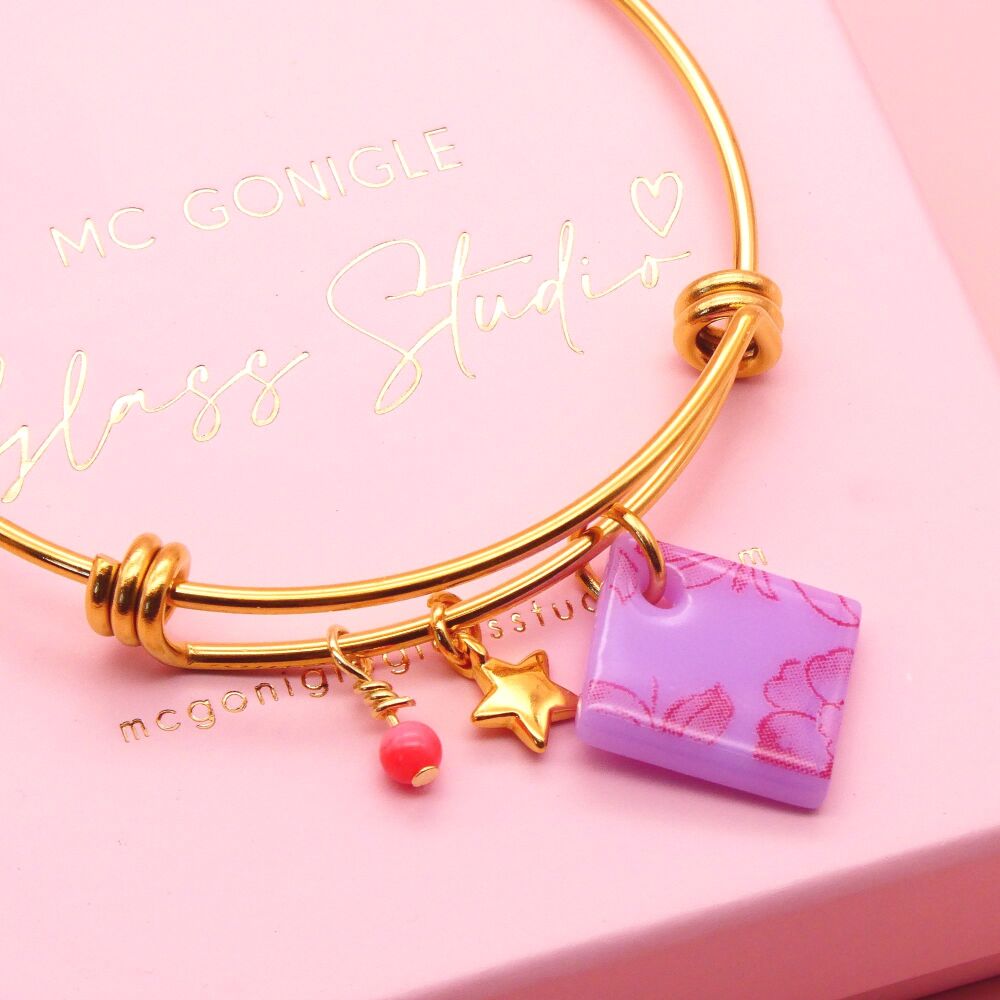 Lilac and Red Glass Tile  On a 14K Gold Plated Bangle