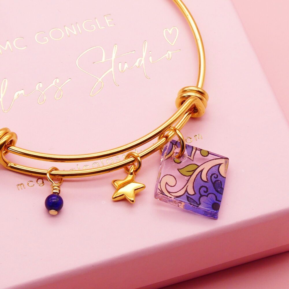 Transparent pink Glass Tile  On a 14K Gold Plated Bangle