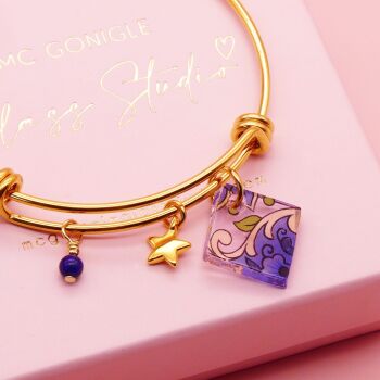 Transparent pink Glass Tile  On a 14K Gold Plated Bangle