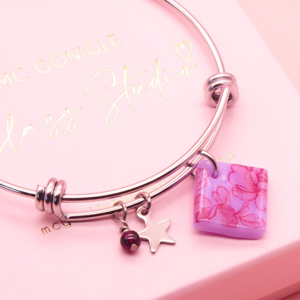 Lilac and red Tile On a Silver Plated Bangle