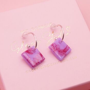 Lilac and Red tile hoop earrings on Gold/Silver