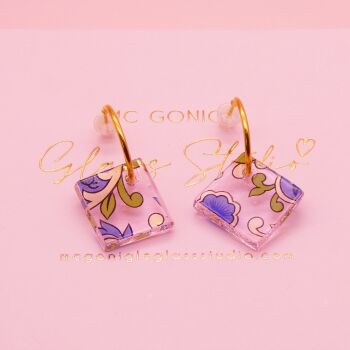 Pink tile hoop earrings on Gold/Silver