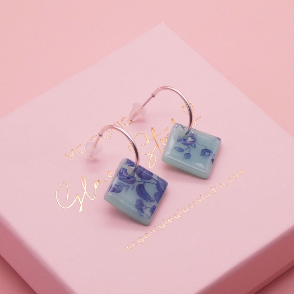 Turquoise tile hoop earrings on Gold/Silver