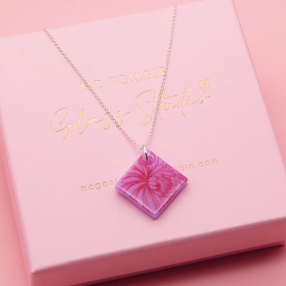 Lilac and red glass tile necklace