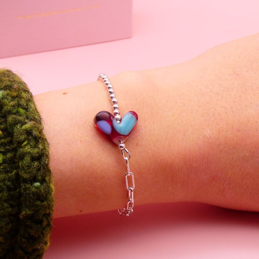 Red and Blue glass heart on a silver Long link bracelet