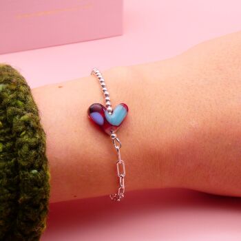 Red and Blue glass heart on a silver Long link bracelet