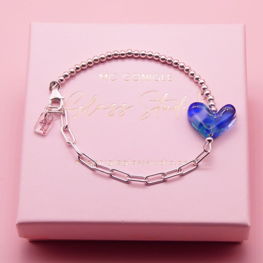 Blue glass heart on a silver Long link bracelet
