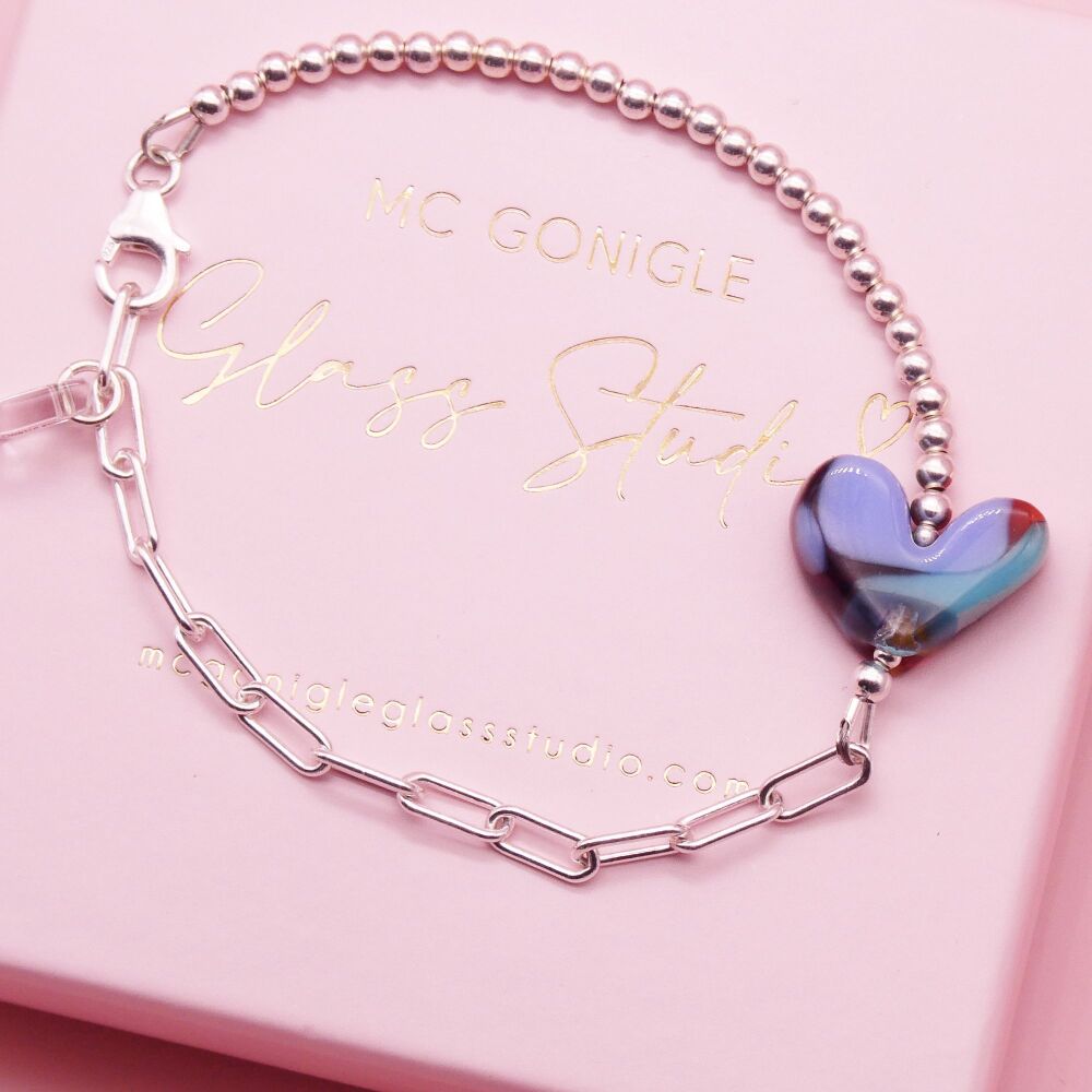 Multicoloured glass heart on a silver Long link bracelet