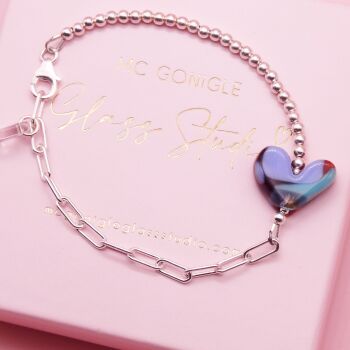 Multicoloured glass heart on a silver Long link bracelet