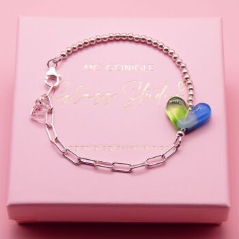 Green and Blue glass heart on a silver Long link bracelet