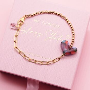 Multicoloured glass heart on a Gold filled Long link bracelet