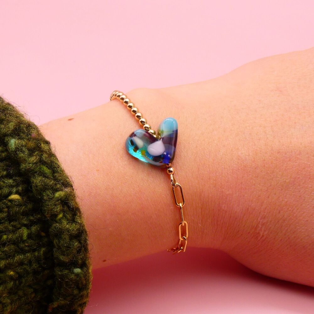 Multicoloured Turquoise glass heart on a Gold filled Long link bracelet