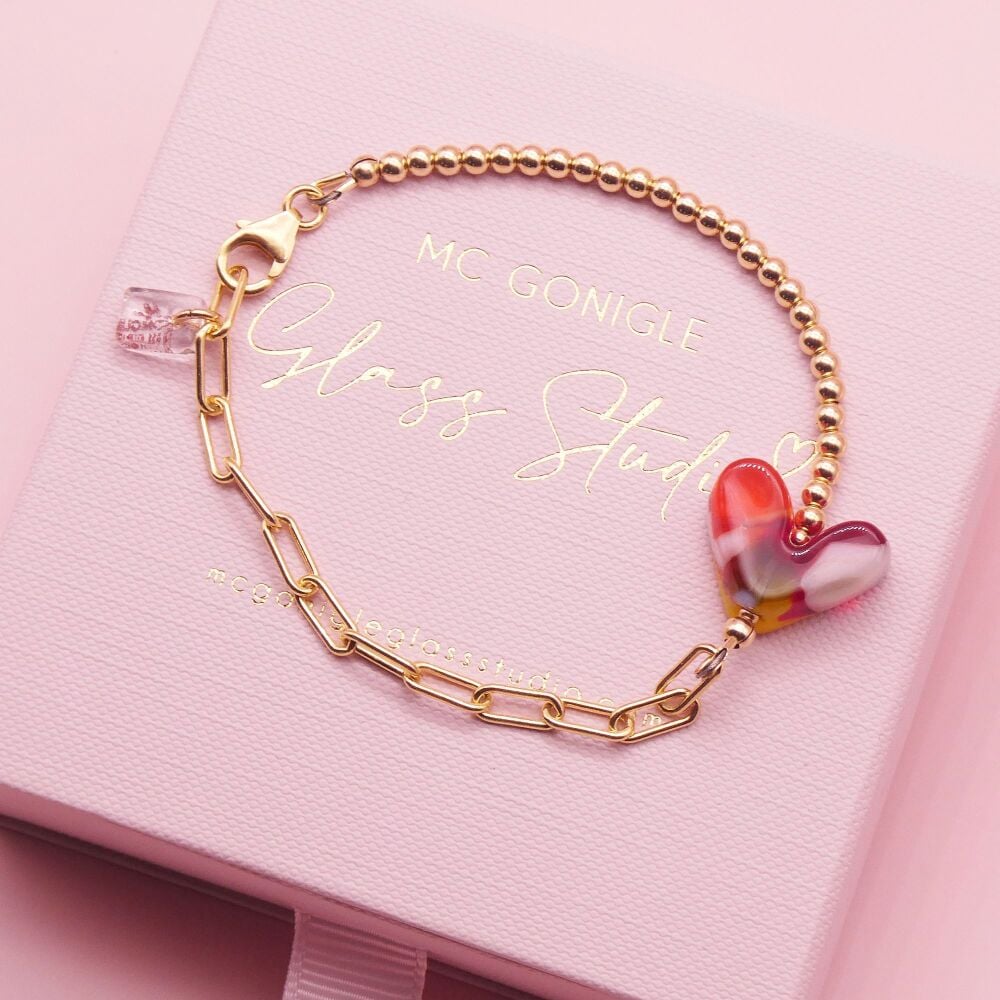 Multicoloured Red glass heart on a Gold filled Long link bracelet