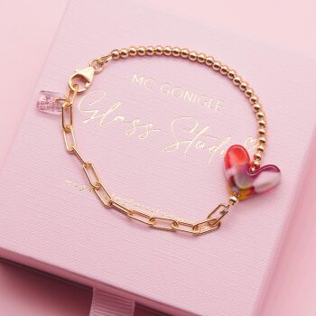 Multicoloured Red glass heart on a Gold filled Long link bracelet