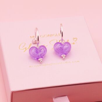 Lilac glass heart earrings on silver hoops