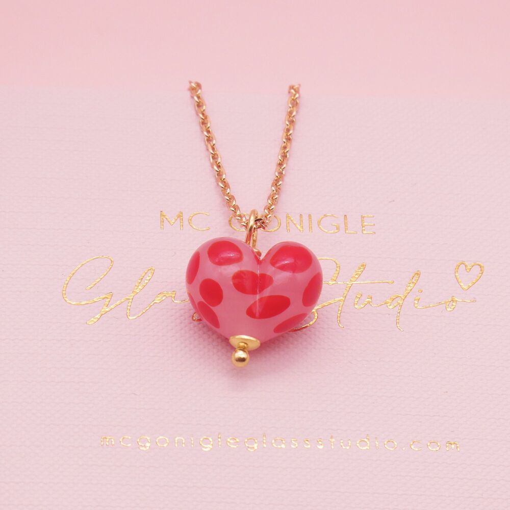 Dotty Pink and Red glass heart on a gold filled chain