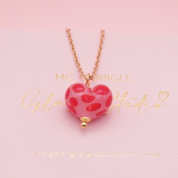 Dotty Pink and Red glass heart on a gold filled chain