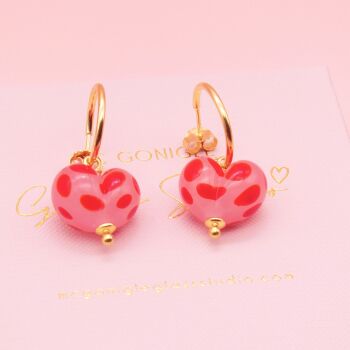 Pink and Red glass heart earrings on gold filled hoops