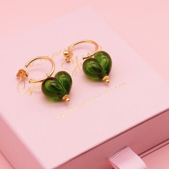 Emerald green glass heart earrings on gold filled hoops